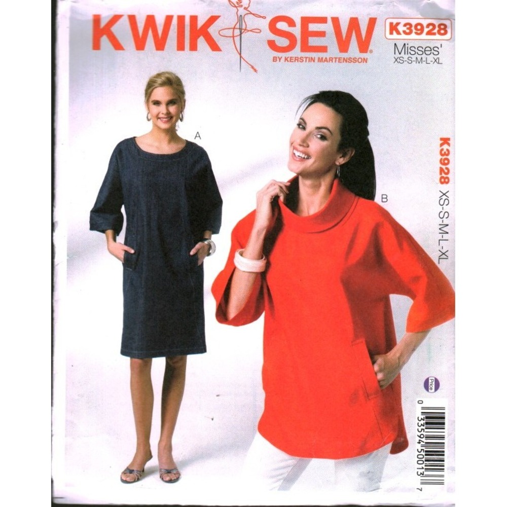 Kwik Sew K3928 Misses Dolman Sleeve Dress Top Sewing Pattern XS-XL UNCUT
